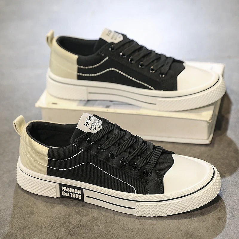 Men's Casual Sneakers - Lace-Up Low Top with Contrast Toe Cap - Colour Block Upper and White Sole