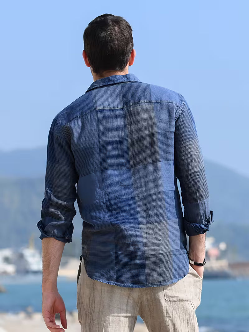 Men's Long Sleeve Plaid Shirt - Polo Collar - Pullover - Navy Blue