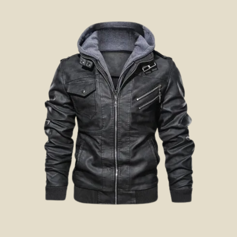 Men's Bomber Jacket - Hooded Biker Style with Multi-Zip Pocket Detail