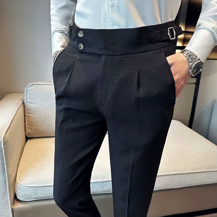 Men's Dress Pants - High Waist Slim Fit with Double Button Closure - Pleated Front