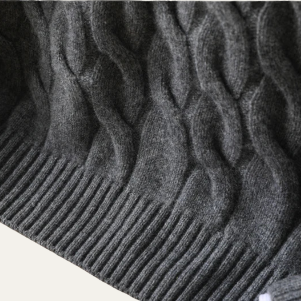 Men's Merino Wool Jumper - Cable Knit Crew Neck Pullover with Ribbed Cuffs and Hem