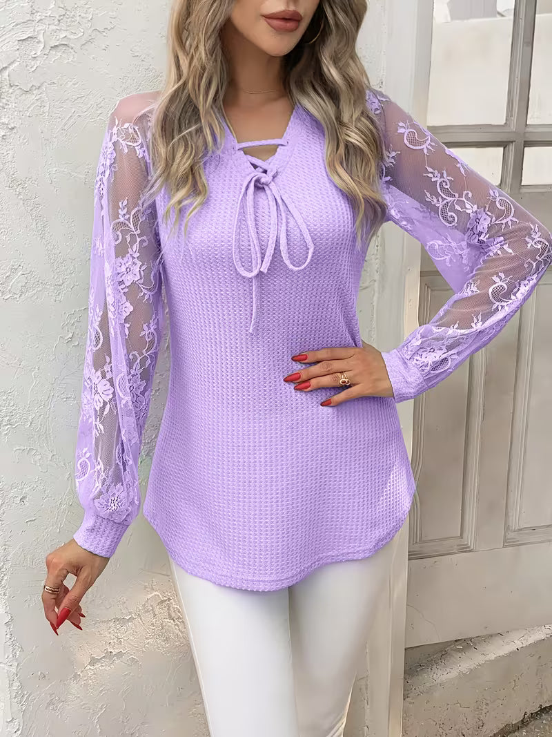 Women's Lace Top - V-Neck Lace-Up with Sheer Floral Lace Sleeves and Waffle Knit Body