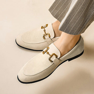Men's Penny Loafers - Suede Slip On Shoe with Gold Horsebit Chain Detail