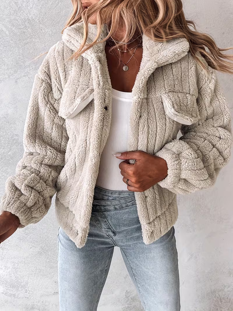 Women's Faux Fur Coat - Cropped Open Front Teddy Fleece with Chest Pockets