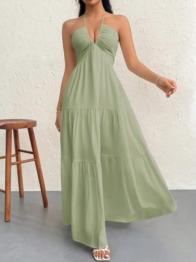 Women's Halter Neck Flowy Maxi Dress - Tiered Open Back