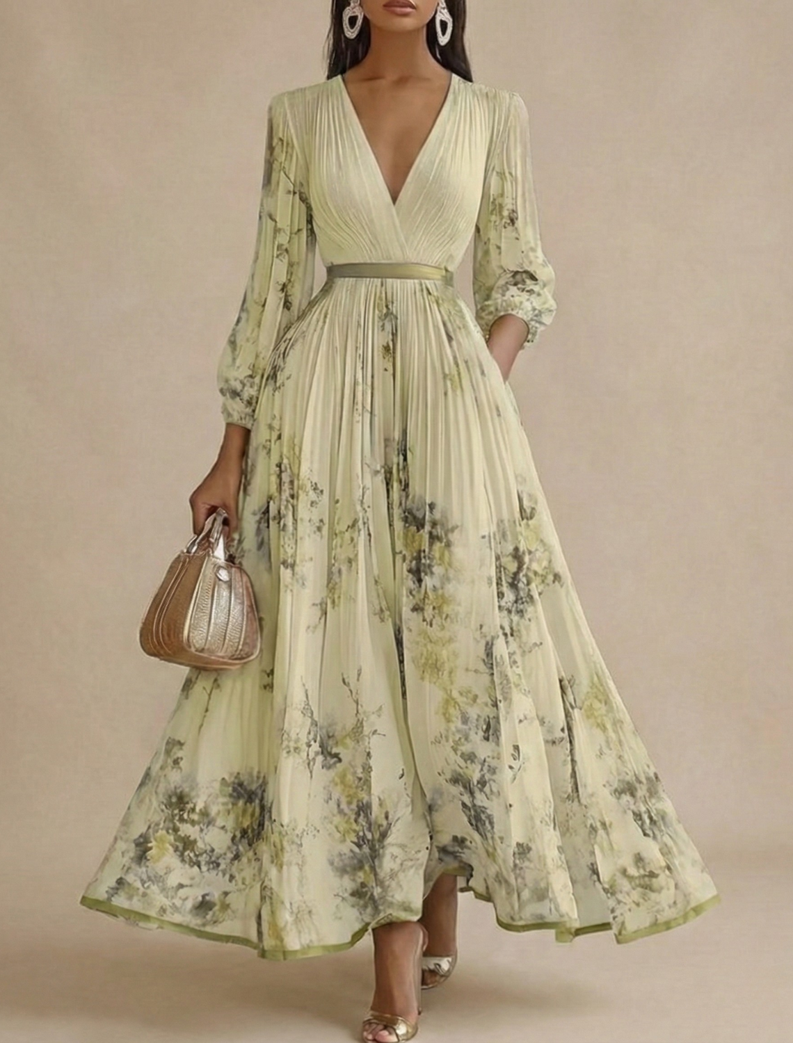 Women's Floral Maxi Dress - Long Sleeve V-Neck Pleated A-Line Skirt