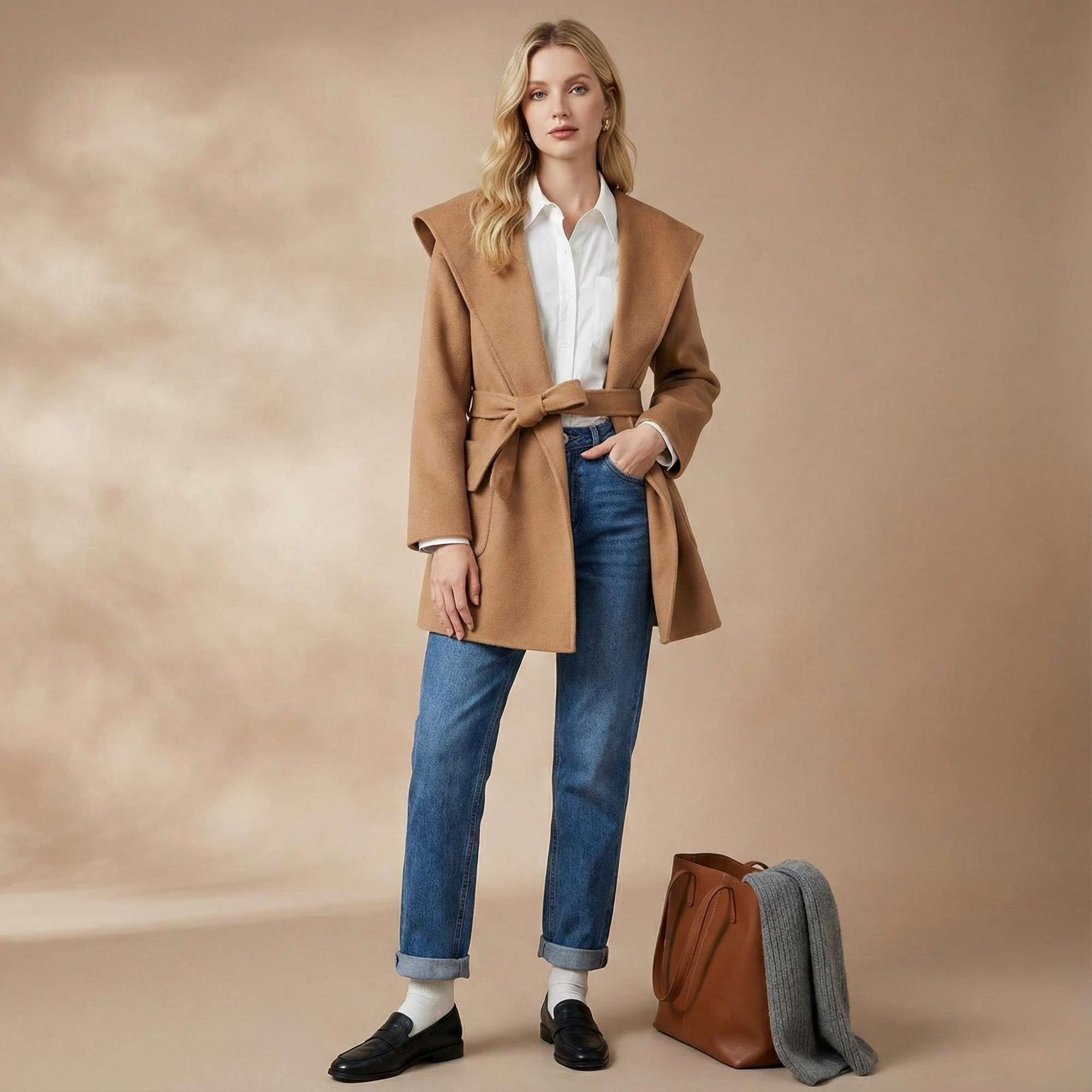 Women’s Belted Wrap Wool Coat with Notched Lapel Collar and Patch Pockets