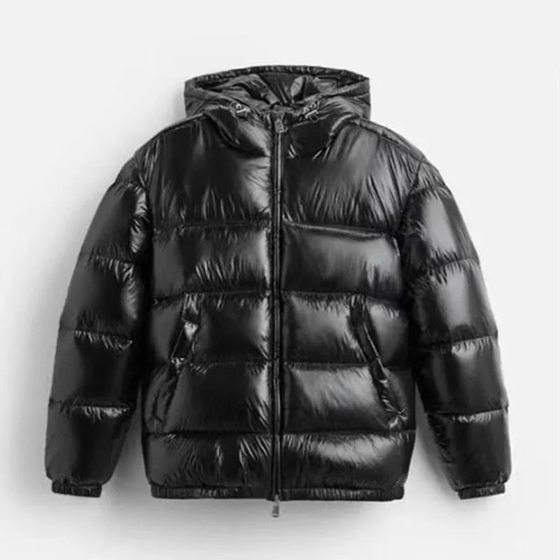 Men's Hooded Puffer Jacket with Glossy Shell - Full Zip - Cropped - Winter Style