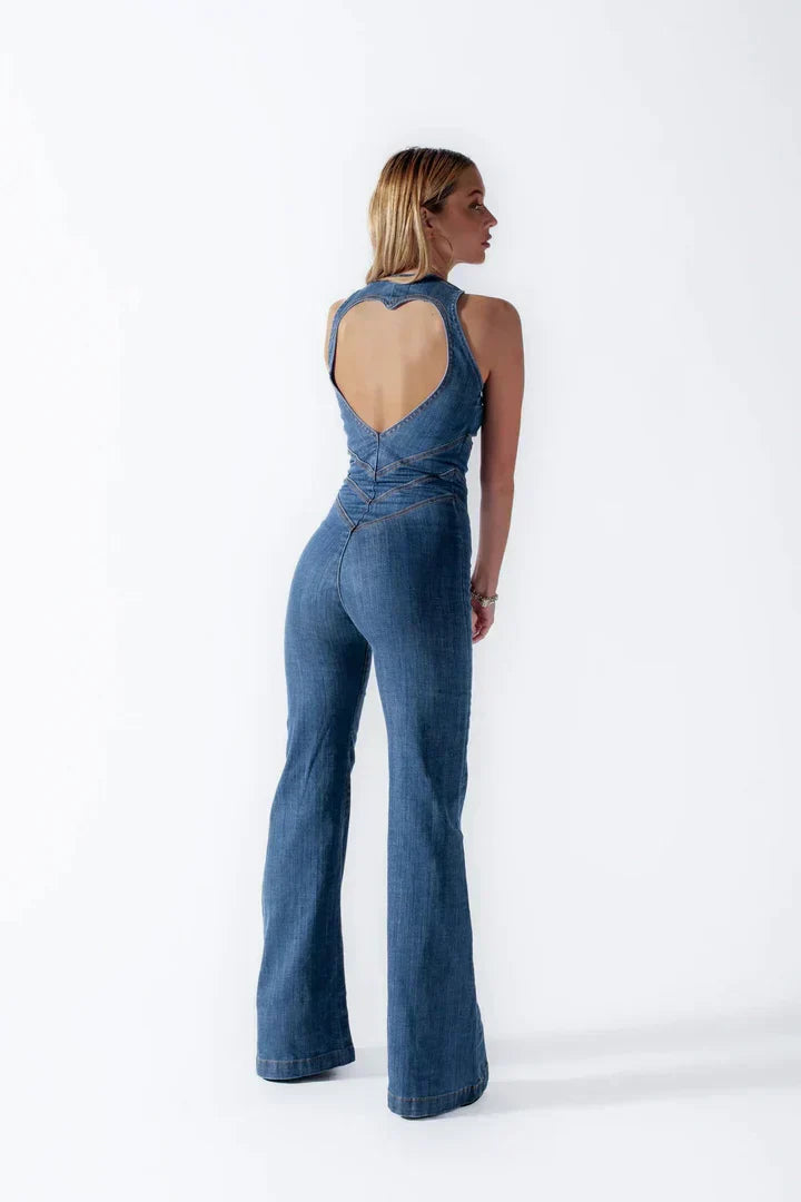 Women's Denim Jumpsuit - Sleeveless Flared Leg Heart Back Cutout