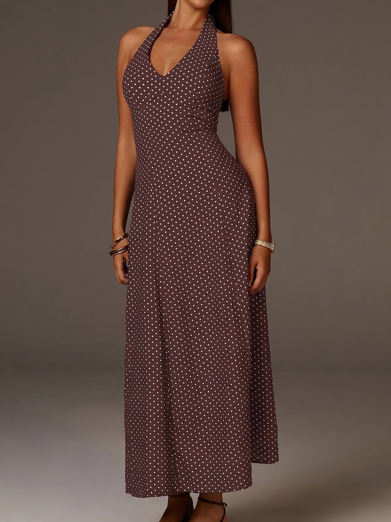 Women's Halter Neck Polka Dot Maxi Dress - Coffee Brown