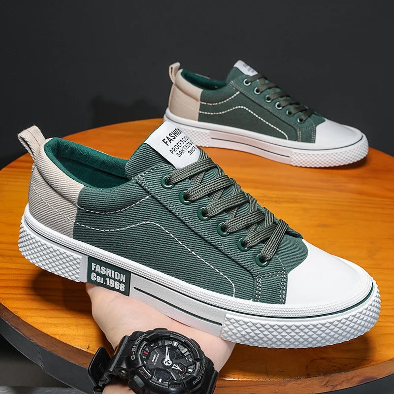 Men's Casual Sneakers - Lace-Up Low Top with Contrast Toe Cap - Colour Block Upper and White Sole