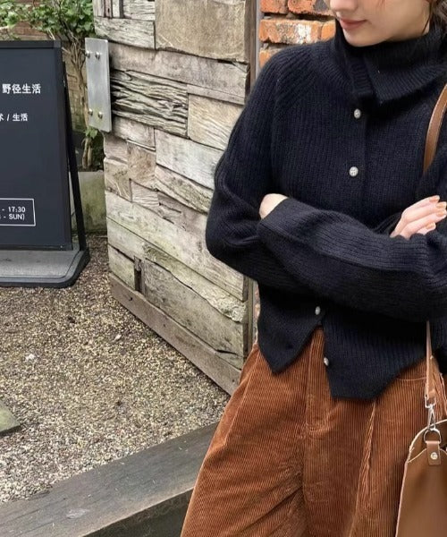 Women's Knit Sweater - Oversized Turtleneck with Button Front and Ribbed Texture