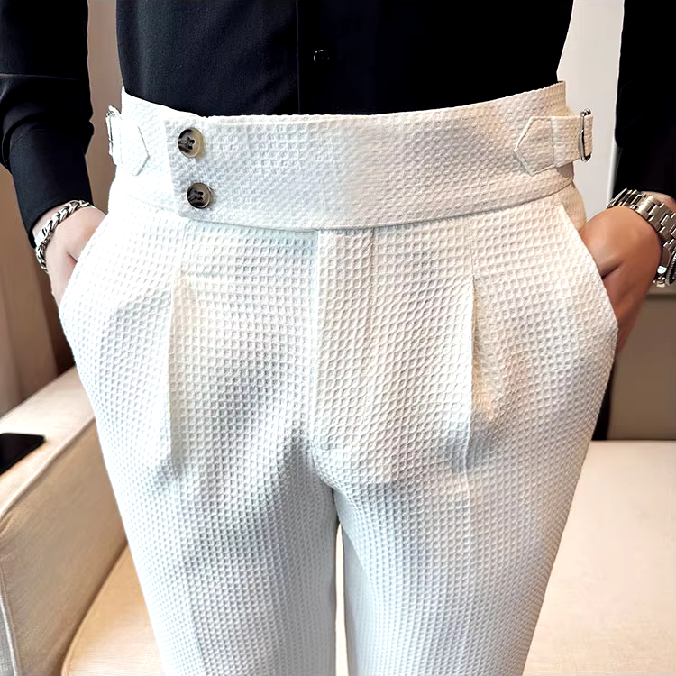 Men's Dress Pants - High Waist Slim Fit with Double Button Closure - Pleated Front
