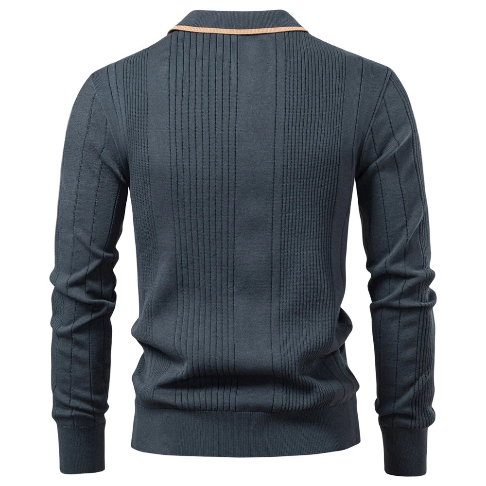 Men's Long Sleeve Polo - Knit Ribbed - Contrast Collar - Slim Fit
