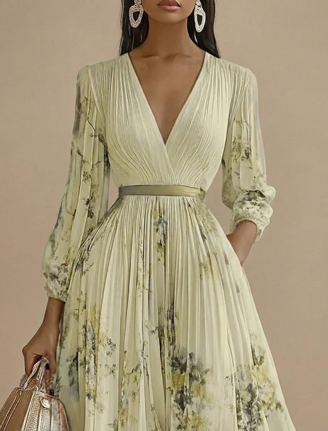 Women's Floral Maxi Dress - Long Sleeve V-Neck Pleated A-Line Skirt