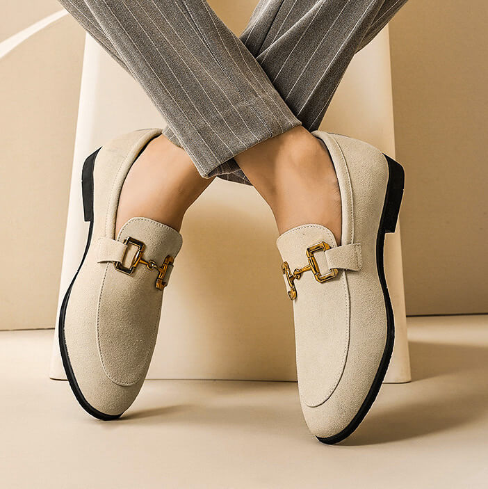 Men's Penny Loafers - Suede Slip On Shoe with Gold Horsebit Chain Detail