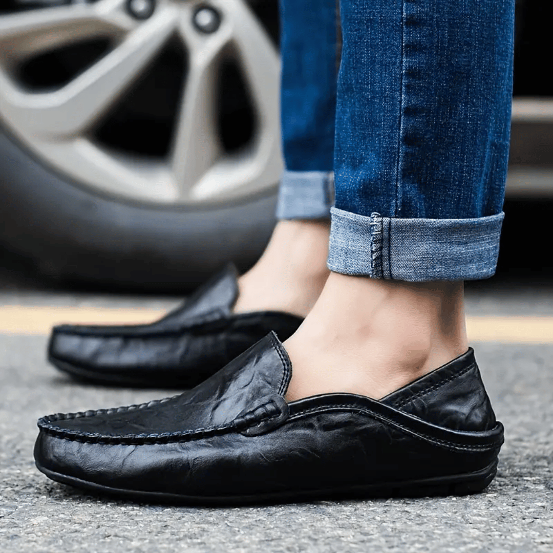 Men's Casual Loafers - Slip-On Moccasin Toe with Topstitched Apron and Flat Sole