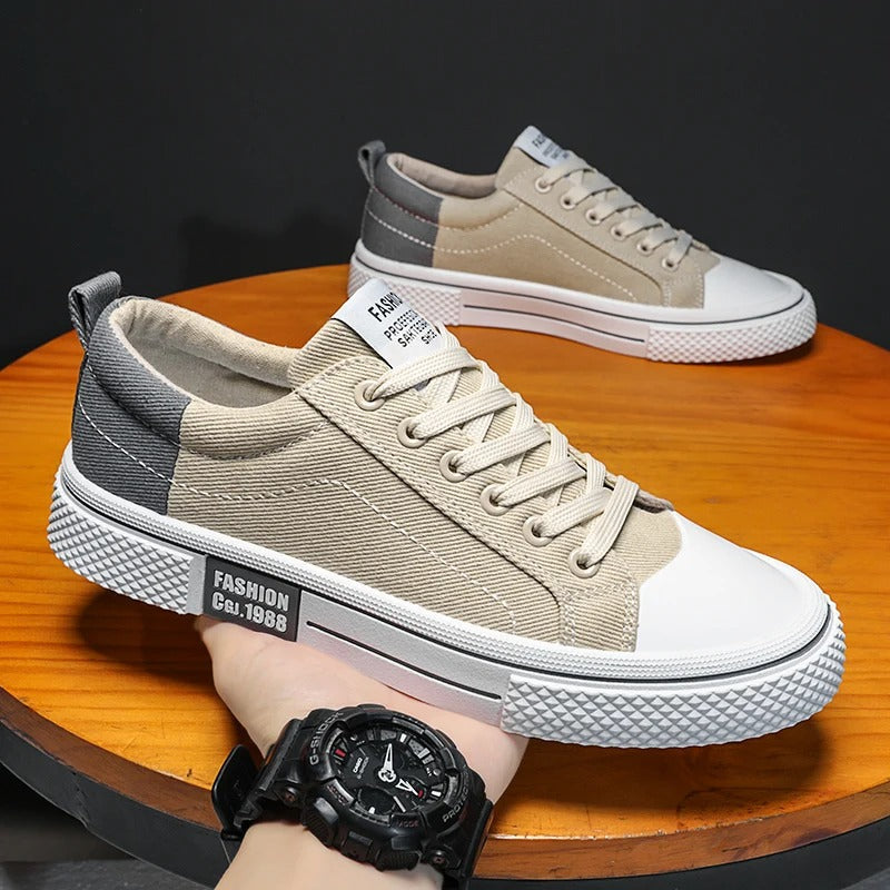 Men's Casual Sneakers - Lace-Up Low Top with Contrast Toe Cap - Colour Block Upper and White Sole