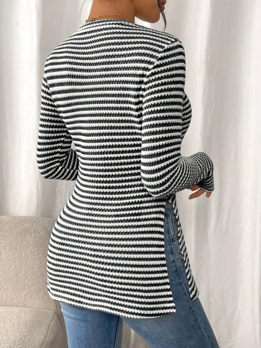 Women's Knit Top - Crew Neck Long Sleeve Stripe with Peplum Hem and Side Splits