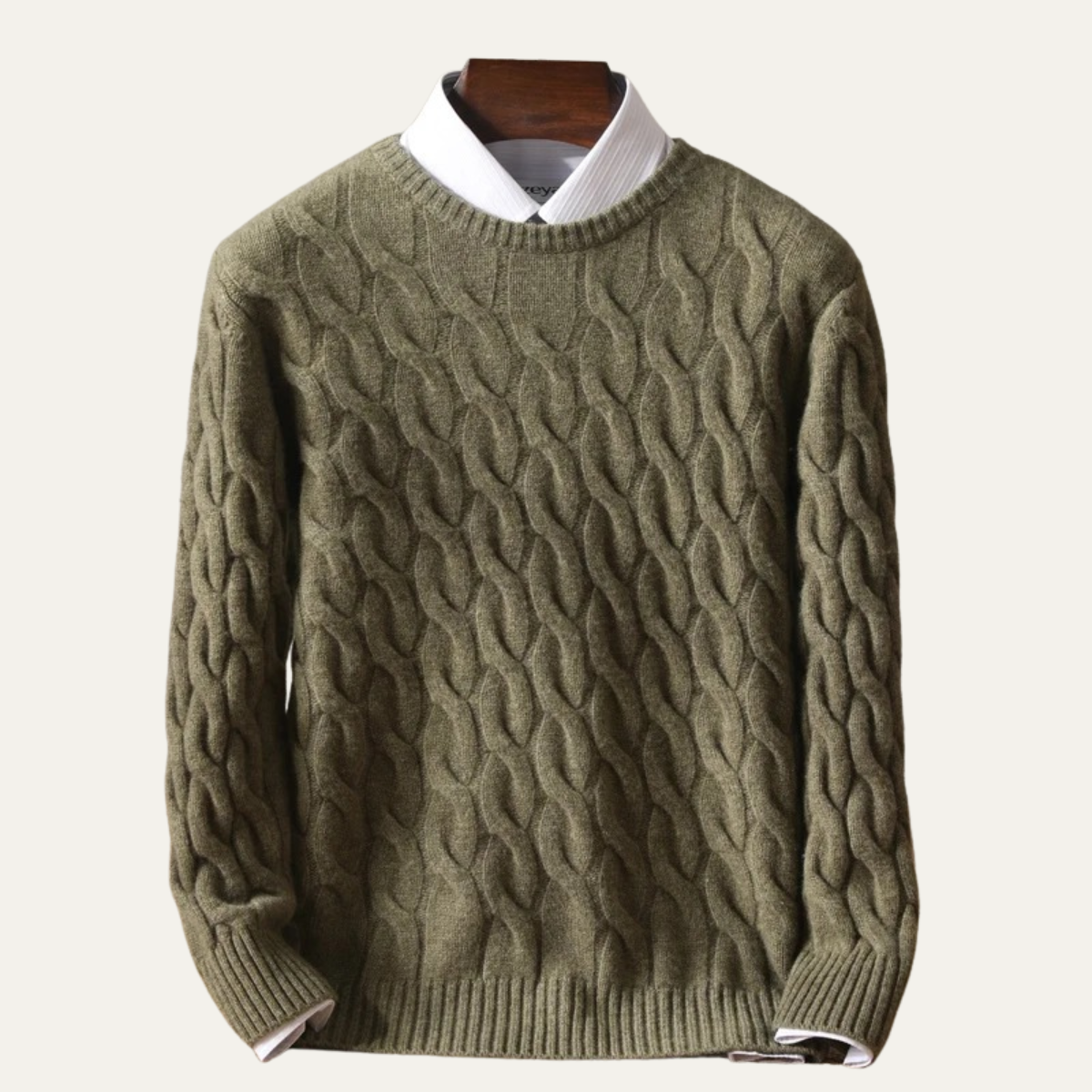 Men's Merino Wool Jumper - Cable Knit Crew Neck Pullover with Ribbed Cuffs and Hem