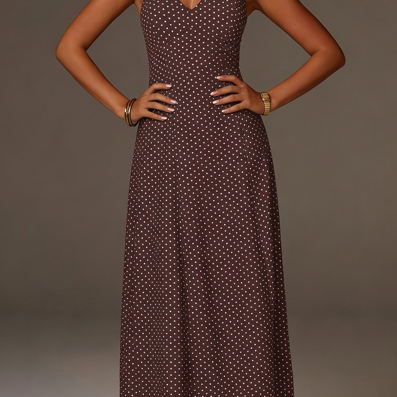 Women's Halter Neck Polka Dot Maxi Dress - Coffee Brown