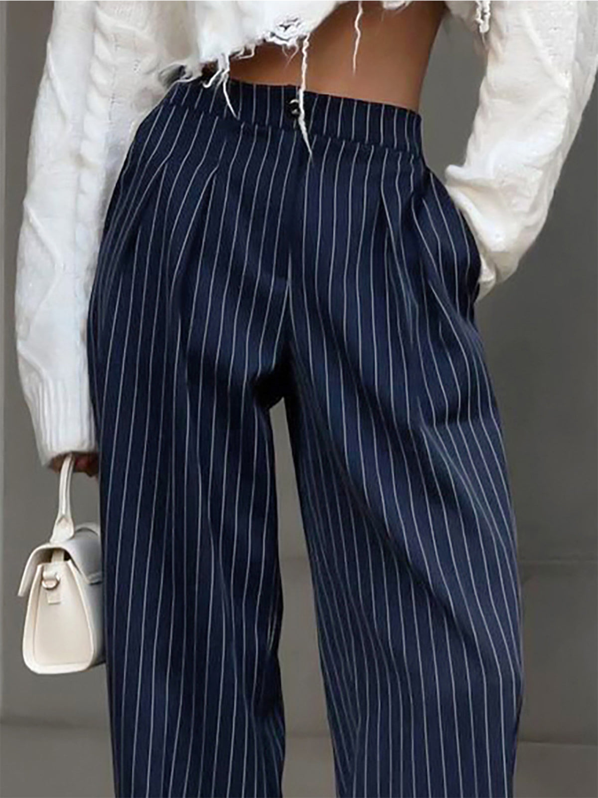 Women's Wide Leg Pants - High Waist Pinstripe Pleat Detail