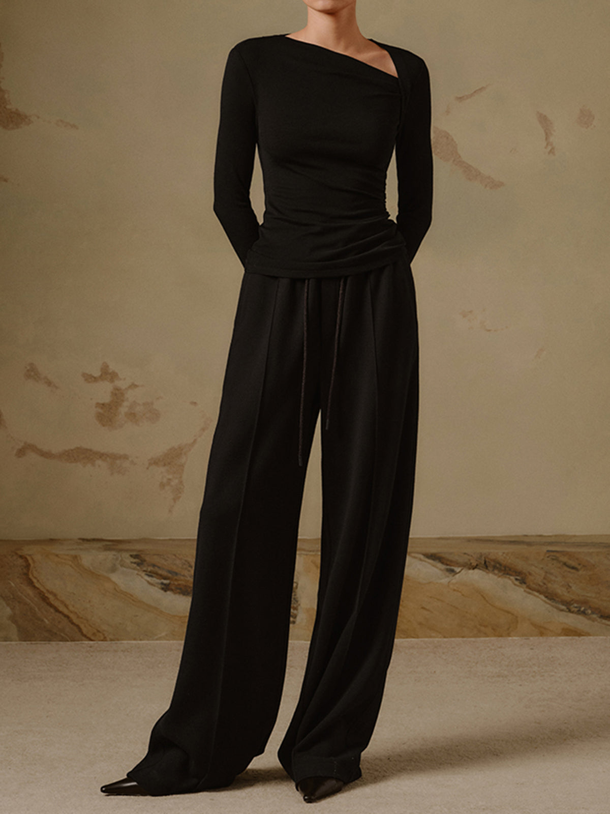 Women's Long Sleeve Asymmetric Neck Top - Ruched Fitted