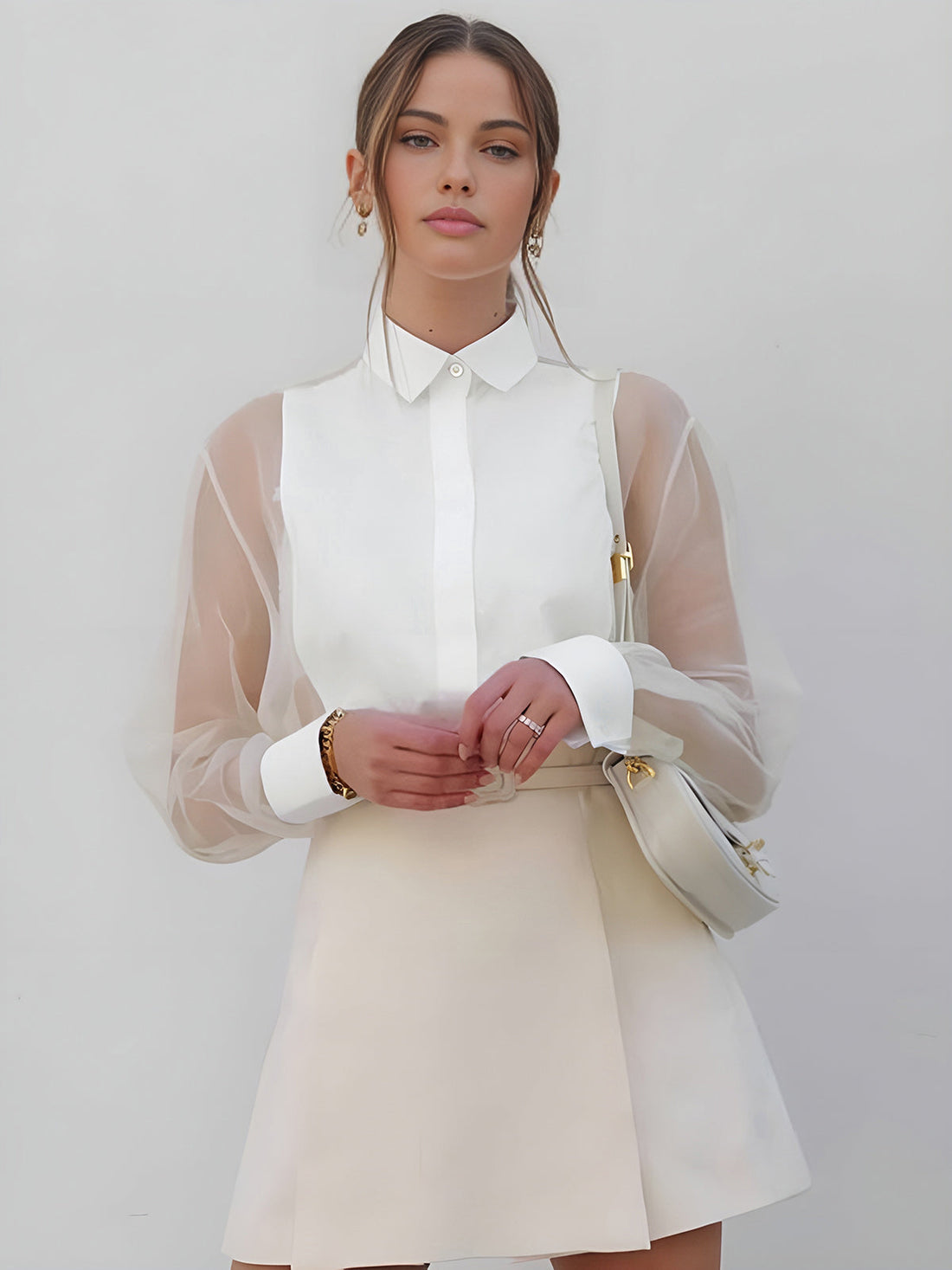 Women's Sheer Long Sleeve Blouse with Structured Panel