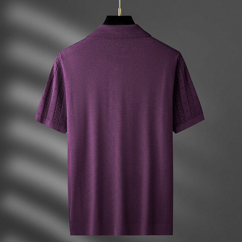Men's Polo Tees - Short Sleeve Knit Polo with Open V-Neck and Textured Pattern