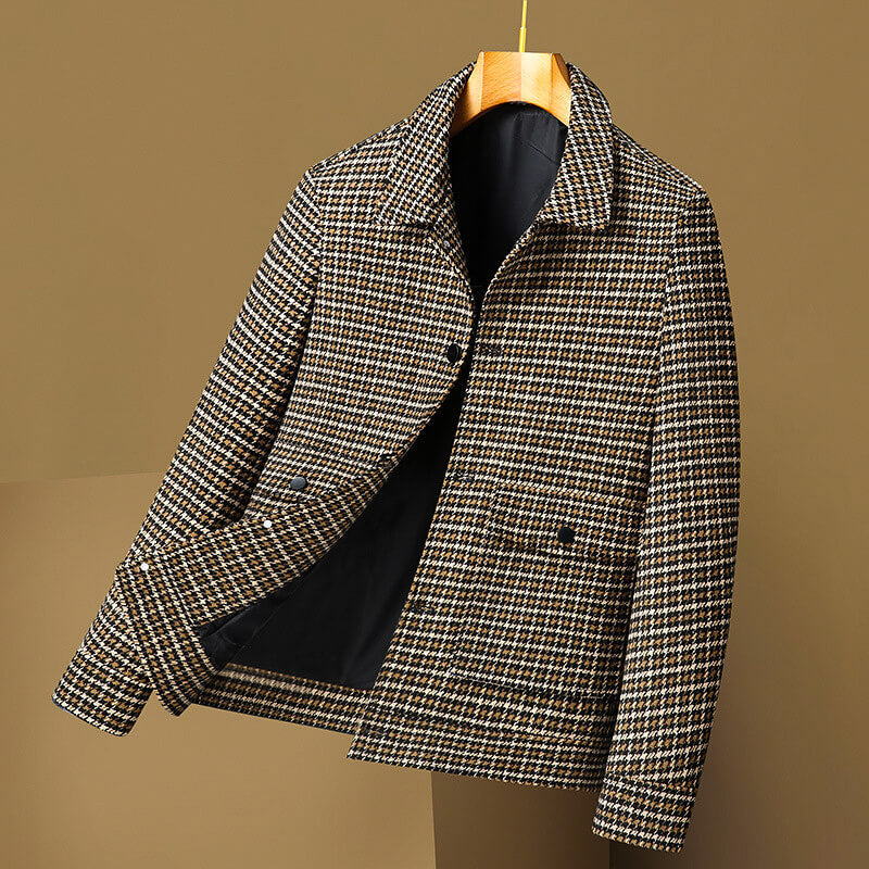 Men's Houndstooth Blazer - Single Breasted Jacket with Notched Lapel and Lined Interior