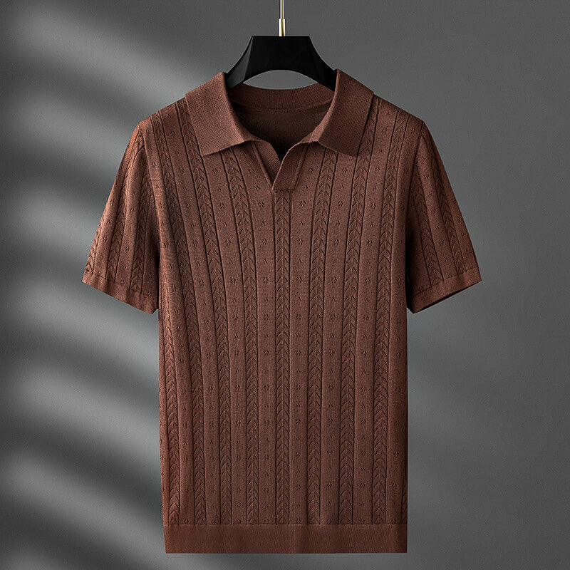 Men's Polo Tees - Short Sleeve Knit Polo with Open V-Neck and Textured Pattern