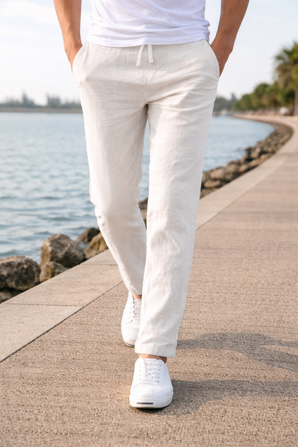 Men's Linen Drawstring Straight Leg Casual Pants