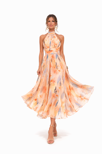 Women's Halter Neck Watercolor Print Midi Dress - Sleeveless