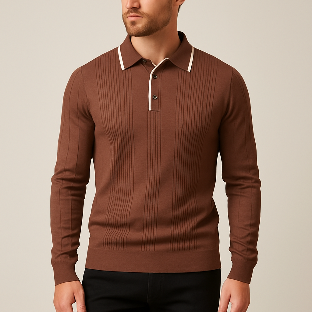 Men's Long Sleeve Polo - Knit Ribbed - Contrast Collar - Slim Fit