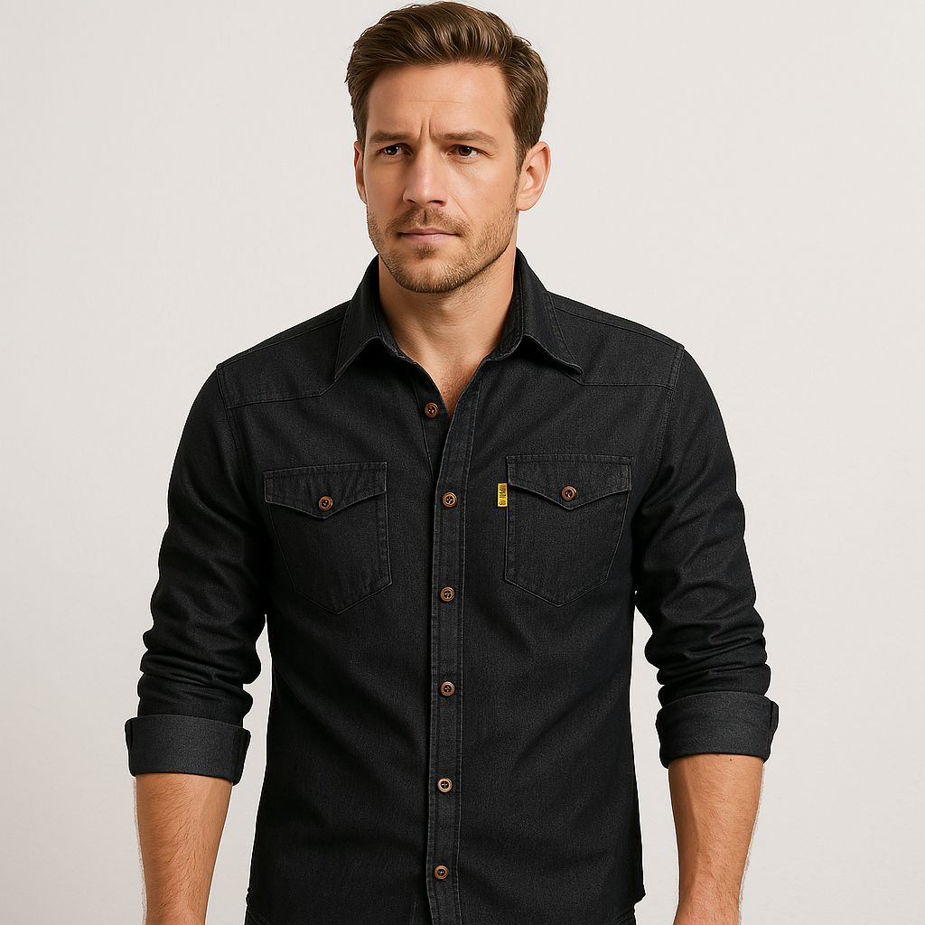 Men's Denim Shirt - Long Sleeve Button Up - Dual Chest Pockets
