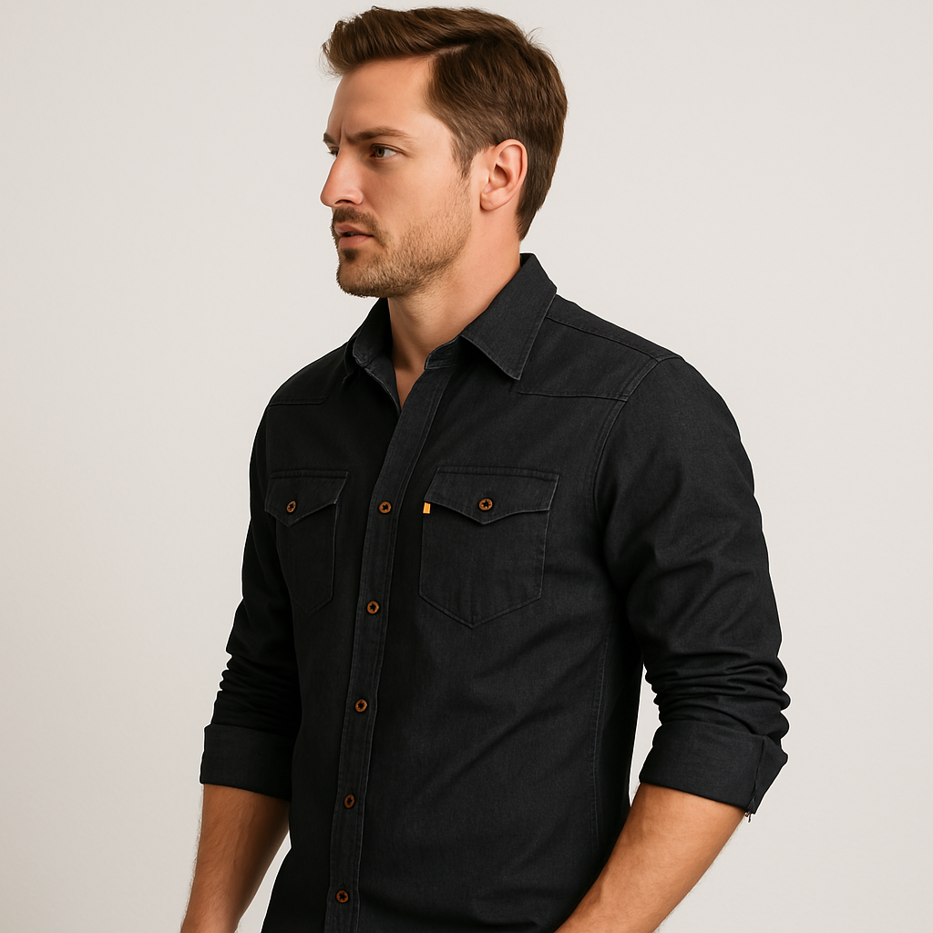 Men's Denim Shirt - Long Sleeve Button Up - Dual Chest Pockets