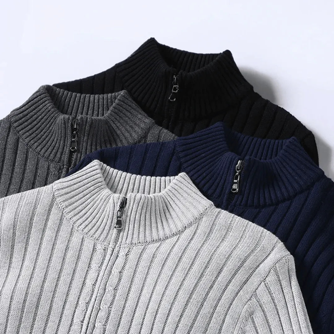 Men's Quarter Zip Knit Jumper - Mock Neck Full Zip with Ribbed Stripe Texture and Long Sleeves