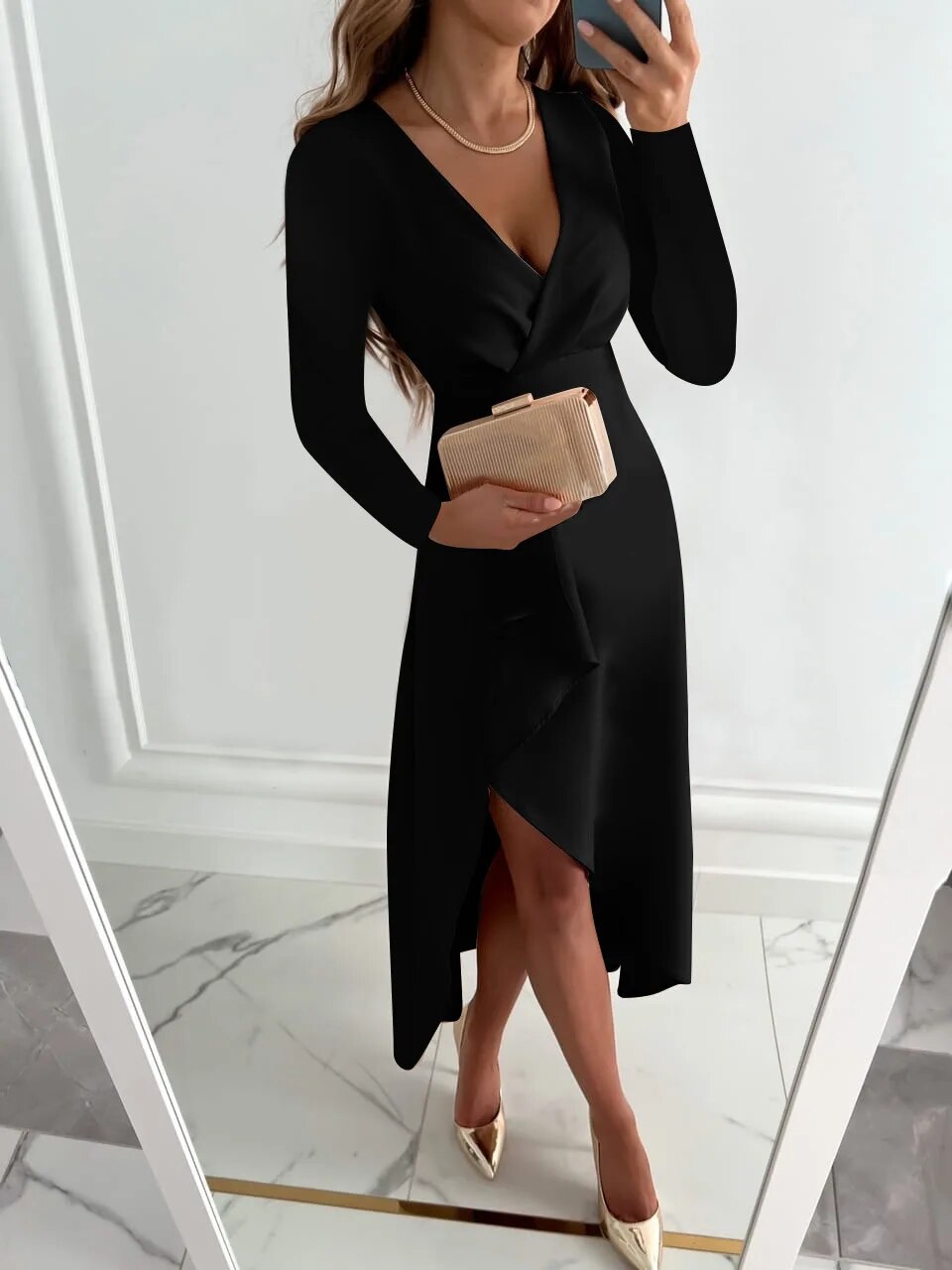 Women's Midi Dress - V-Neck Long Sleeve Ruffle Hem