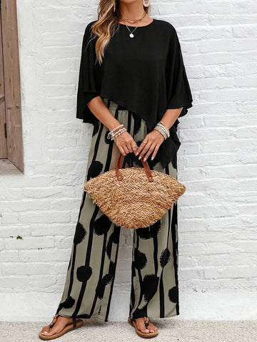 Women's Two Piece Set - Batwing Top and Printed Wide Leg Pants