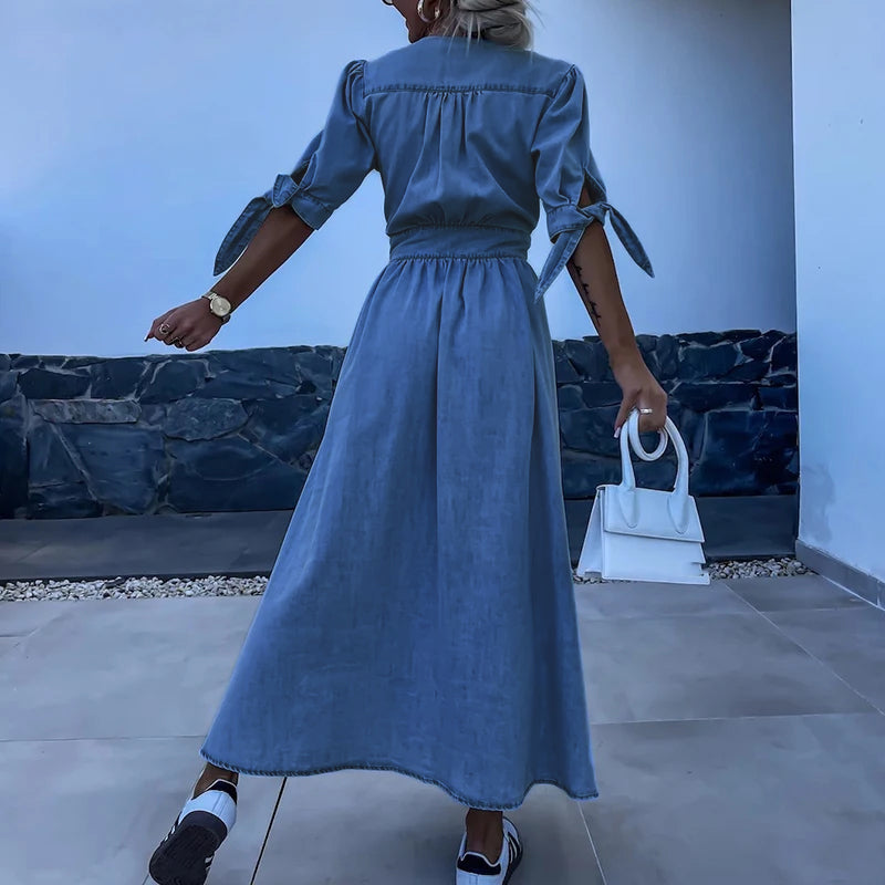 Women's Denim Midi Dress - V-Neck Button Front A-Line with Tie Sleeve Detail