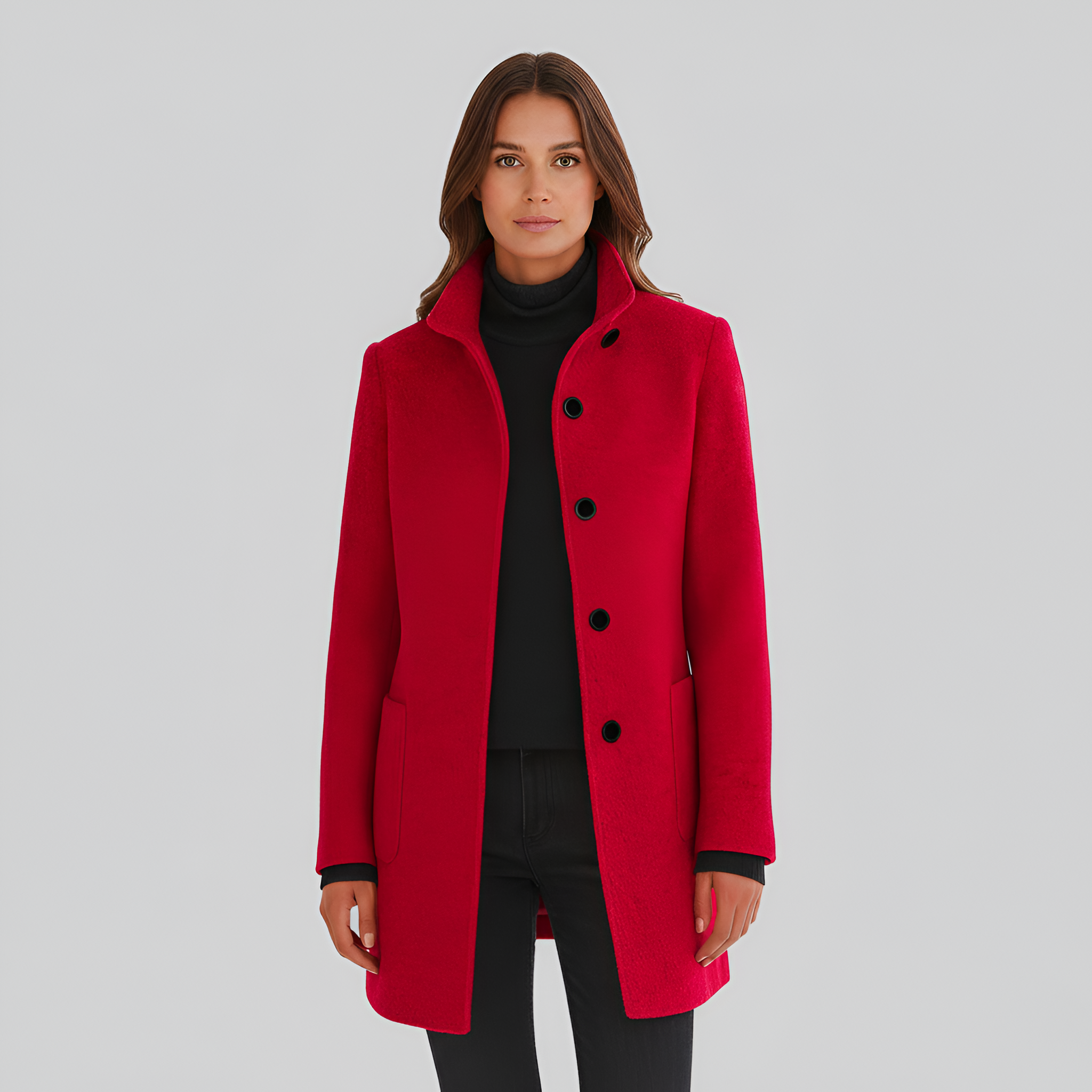 Women's Stand Collar Single-Breasted Midi Coat with Patch Pockets - Structured - Winter Style