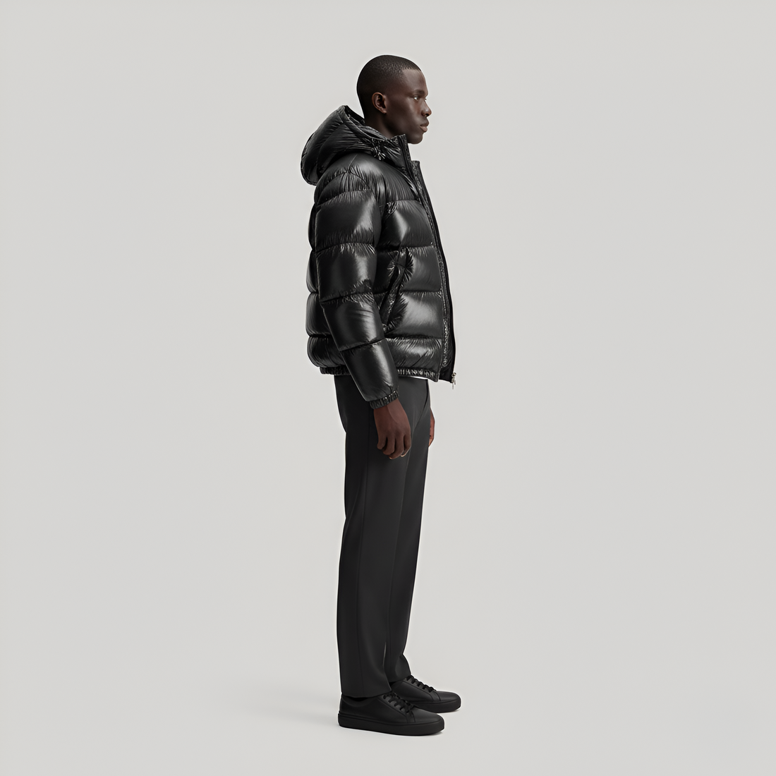 Men's Hooded Puffer Jacket with Glossy Shell - Full Zip - Cropped - Winter Style