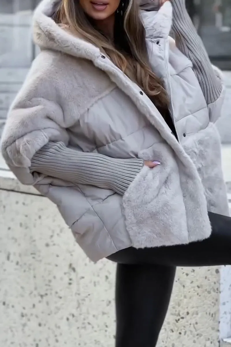 Women's Faux Fur Puffer Jacket - Oversized Hooded Zip-Up with Quilted Panel