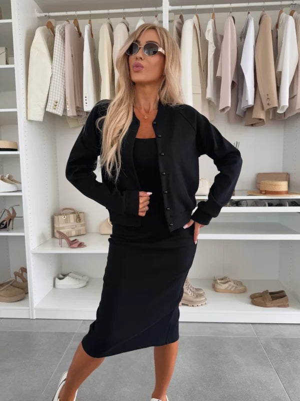 Women's Two Piece Knit Set - Cropped Cardigan and Bodycon Midi Skirt
