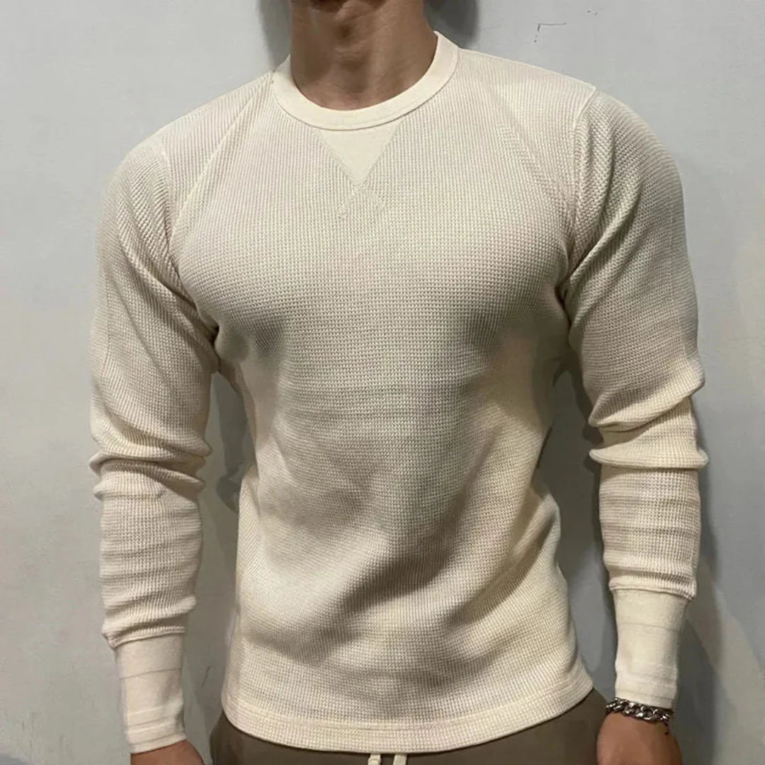 Men's Long Sleeve Crew Neck Top - Waffle Knit Texture with Raglan Sleeves and V-Stitch Detail
