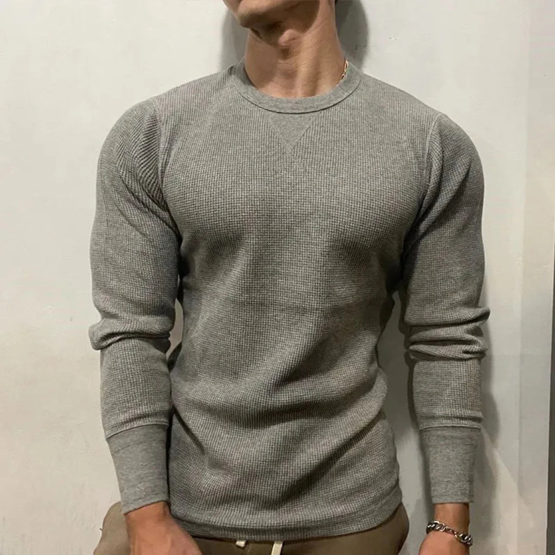 Men's Long Sleeve Crew Neck Top - Waffle Knit Texture with Raglan Sleeves and V-Stitch Detail