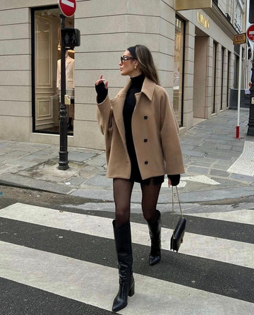 Women's Oversized Cropped Coat - Shirt Collar - Single Breasted - Batwing Sleeve - Hip Length