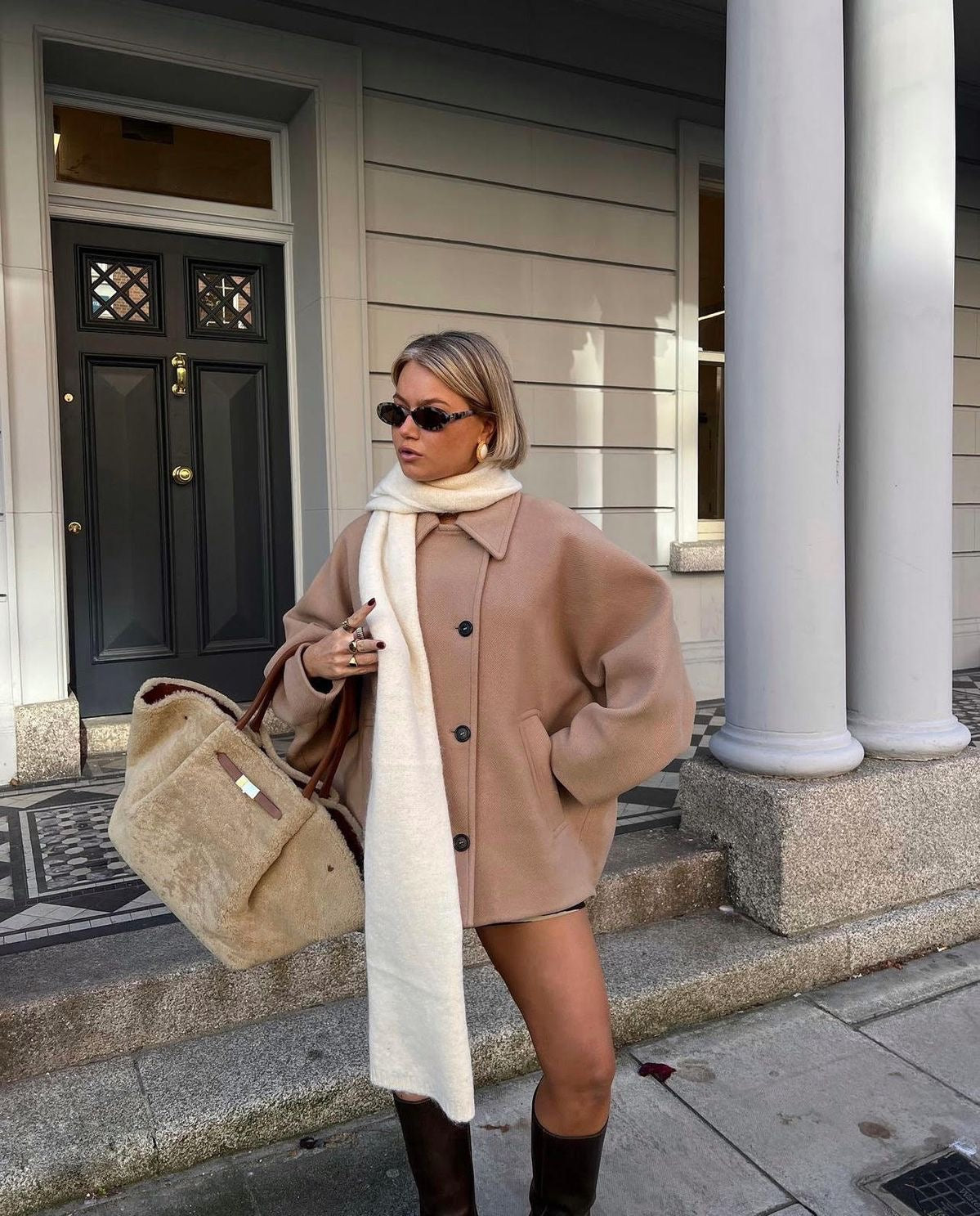 Women's Oversized Cropped Coat - Shirt Collar - Single Breasted - Batwing Sleeve - Hip Length
