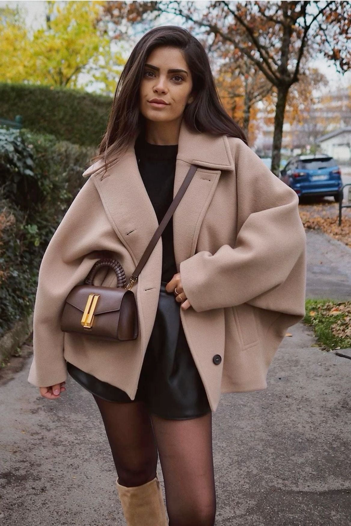 Women's Oversized Cropped Coat - Shirt Collar - Single Breasted - Batwing Sleeve - Hip Length