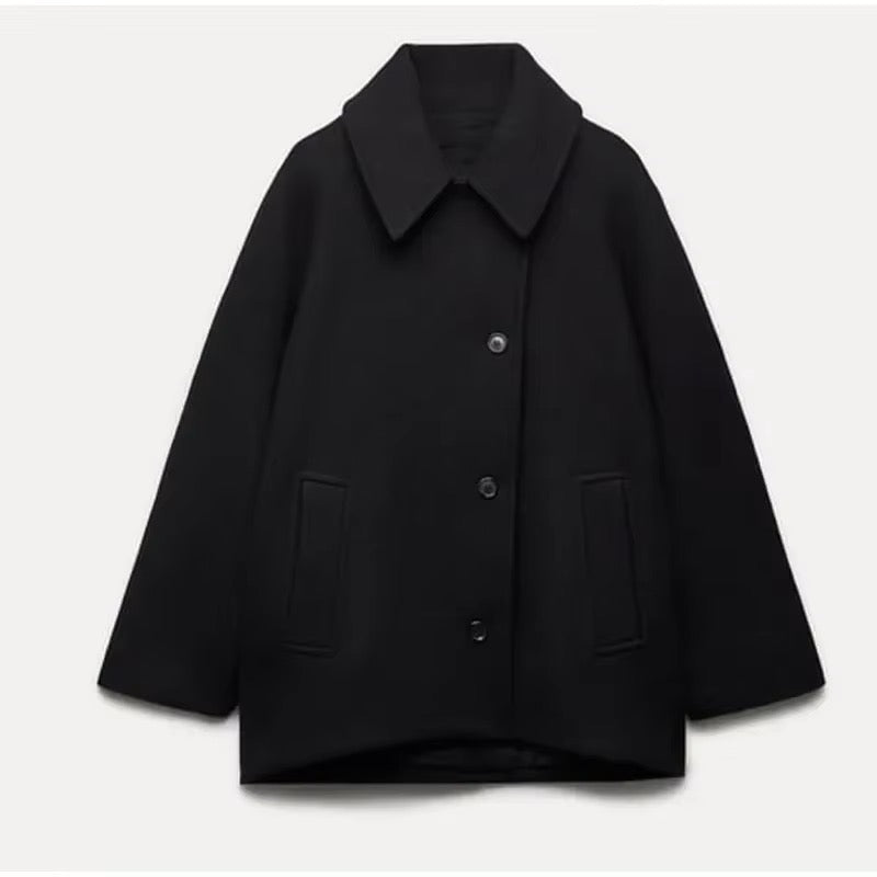 Women's Oversized Cropped Coat - Shirt Collar - Single Breasted - Batwing Sleeve - Hip Length